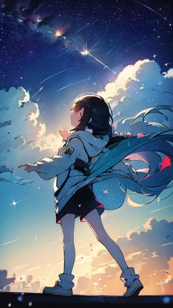 Fuji Mountain,Walking down the street,Girl,Black Hair,milky way,Twinkling Stars々,Beautiful sky,splash,Long Hair,Long legs,Blue Background,Ocean