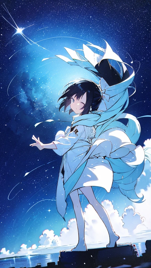 Fuji Mountain,Walking down the street,Girl,Black Hair,milky way,Twinkling Stars々,Beautiful sky,splash,Long Hair,Long legs,Blue Background,Ocean