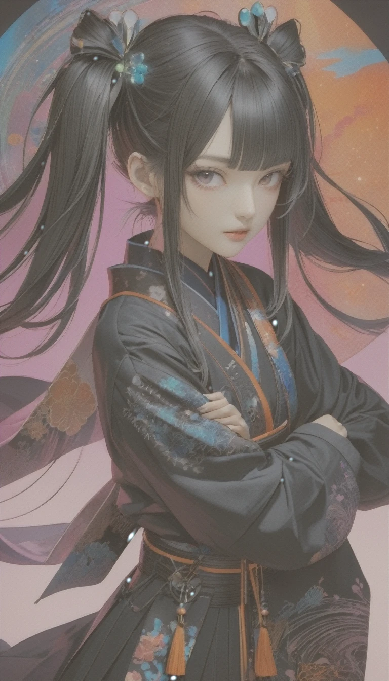 Twin tails, Beautiful harmony of colors, Gothic Cyberpunk, A miraculous fusion with Ukiyo-e, Create a fantastic space landscape with a holographic transparent coating,
kimono、Professional spray work to destroy pale colors, Fine and exquisite texture, Detailed and precise brushwork, Detailed and vivid depiction, Anatomically correct, Absurd aesthetics,
壊す A dark background that makes the subject stand out, dramatic cinematographic lighting,
壊す Highest quality, Highest Resolution, Octane Rendering, superretinal vision, Fox Ears, Sparkle Effect,