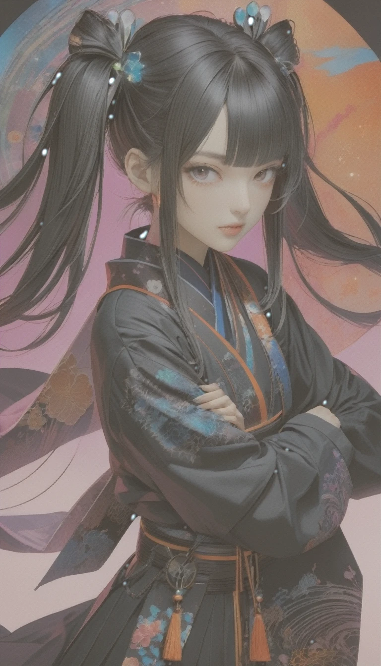 Twin tails, Beautiful harmony of colors, Gothic Cyberpunk, A miraculous fusion with Ukiyo-e, Create a fantastic space landscape with a holographic transparent coating,
kimono、Professional spray work to destroy pale colors, Fine and exquisite texture, Detailed and precise brushwork, Detailed and vivid depiction, Anatomically correct, Absurd aesthetics,
壊す A dark background that makes the subject stand out, dramatic cinematographic lighting,
壊す Highest quality, Highest Resolution, Octane Rendering, superretinal vision, Fox Ears, Sparkle Effect,