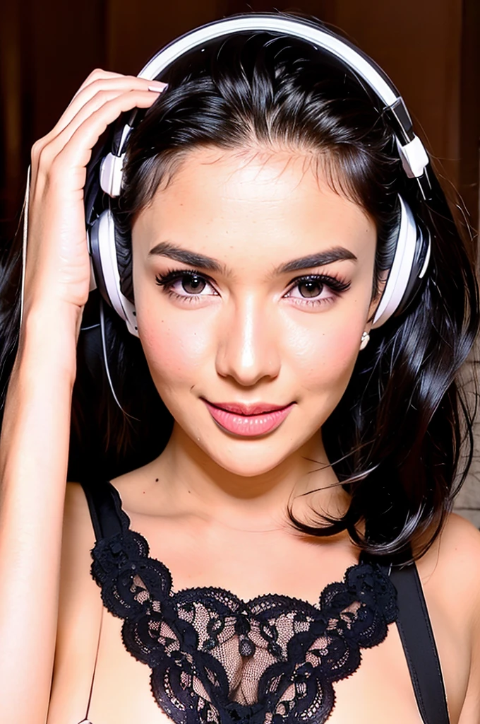 siva,siva aprilia,1girl,solo,realistic,8k,highres,(perfect face:2),perfect eyes,perfect body,ultra detailed face,looking at viewer,large breasts,massive ,cleavage,smiling,closed mouth,lingerie,dj,bar,nightclub,headset,neon light,party,tanktop