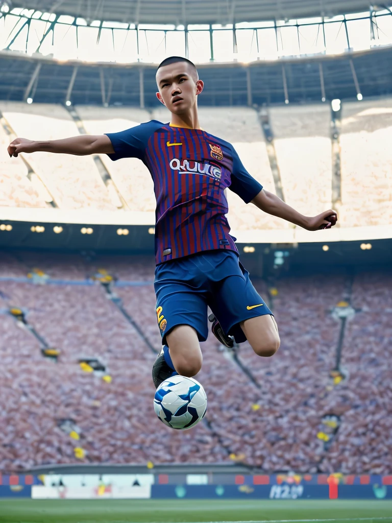 round-headed, white, handsome man, buzz cut hairstyle, ready to kick a soccer ball, wearing a Barcelona jersey that says (ABOY), wearing black shoes, in a crowded soccer stadium, realistic photography, facial details, light tall, zoom out, bright colors