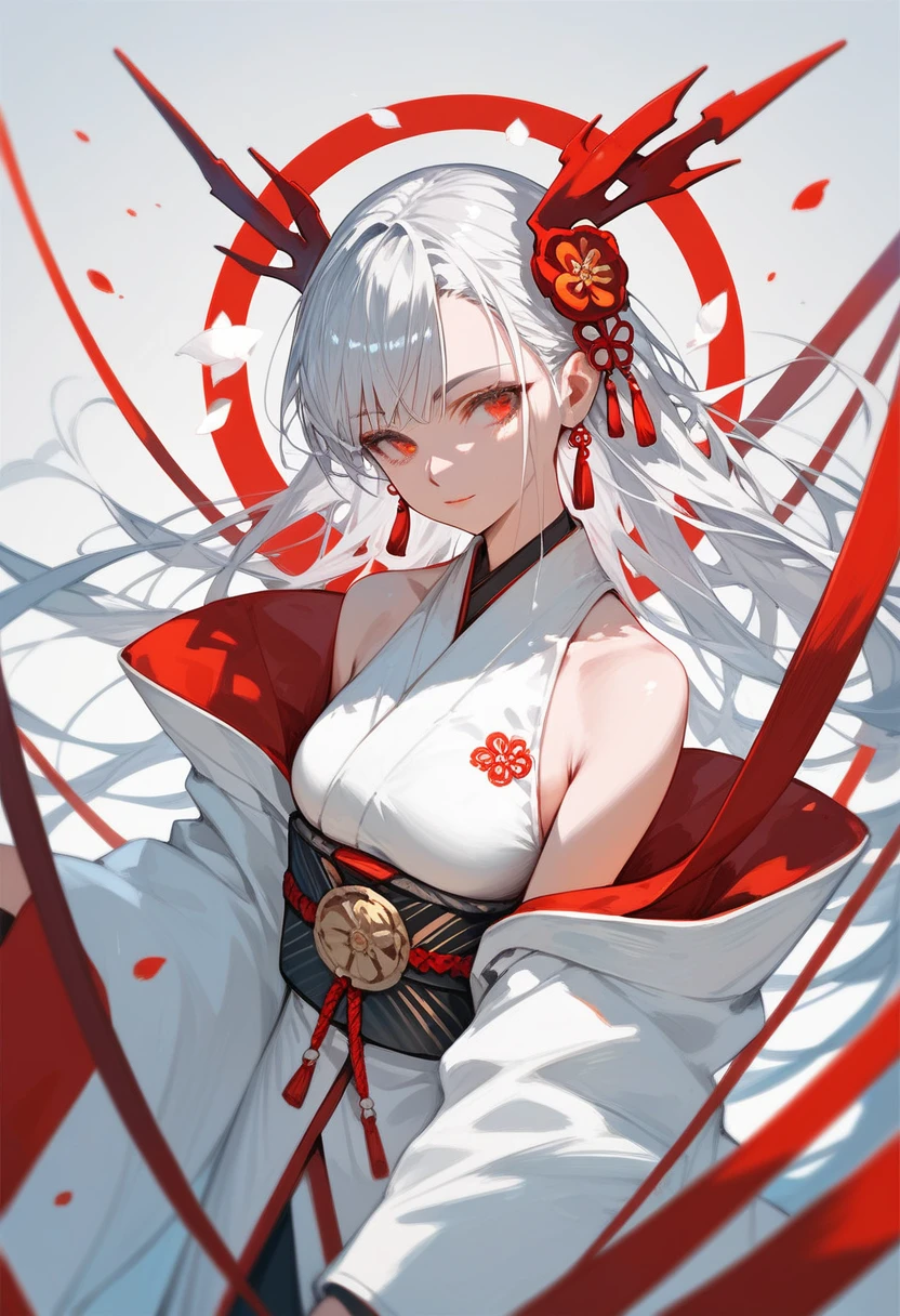 ((masterpiece)), (Highest quality), (Simple style), Silver-white hair, hyper-long, red eyes, short kimono, bare shoulders