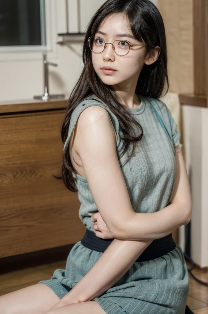 There is a woman sitting on the floor with her legs crossed..., Wearing glasses, Japanese Model, Wearing glasses on, Wearing square glasses, Young Sensual Gravure Idol, Yasumoto Oka, Genuine young gravure idol, Without glasses, Yoshitomo Nara, Aoi Ogata, Wearing glassesいる, Surreal,Provocative,((Beautiful Skin)),((Skin Texture)),((Real Touch)), healthy, unreddish skin, Cute freckles on the cheeks,Mole under left eye,