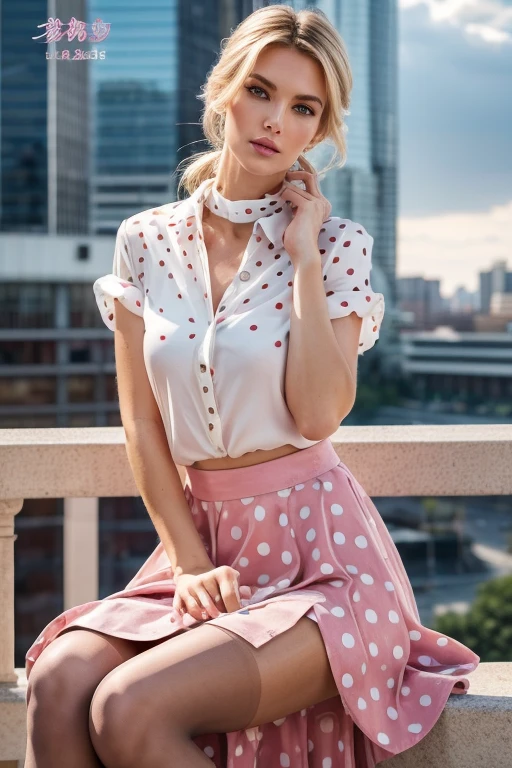 ((European fashion models)). Realistic、Genuine raw photo、Full Body Portrait、Blonde updo、(Colorful shirt with collar)、(Polka dot long skirt:1.3)、(silk pantyhose:1.1)、High heels、Sitting pose、Large Breasts、1 girl, Modern architecture in the background、Perfect Anatomy, Perfect body, Perfect hands, Perfect Face, Perfect Eyes, Accurate, Anatomically correct, Perfectly clear and sharp focus, Highest quality、Ultra-high resolution, masterpiece, Ultra-realistic、Professional Lighting