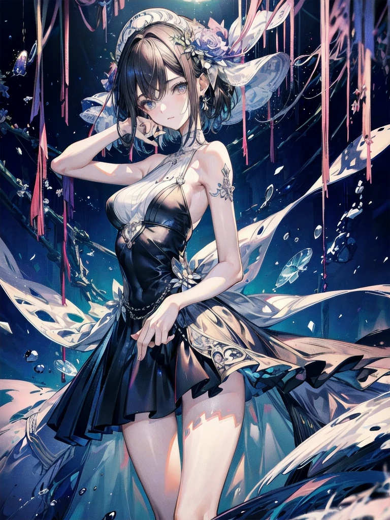 absurdres, RAW photo, extremely delicate and beautiful, masterpiece, Best Quality, ultra high resolution, 32k, hyperrealistic, ultra-detailed, perfect anatomy, anatomically correct, perfect figure, Perfect Style, Perfect balance, in her 20s, very Slim body, narrow waist, very small head, very small face, delicate facial features, detailed face, detailed eyes, tearful mole, earring, very huge round breasts, whole body shot, whole legs, medium hair, asymmetrical hair, indoor, skirt, camisole,