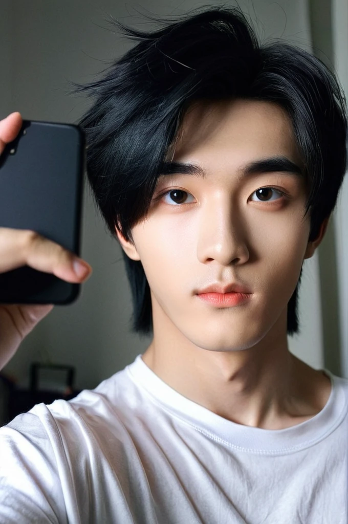 One boy, Young man with black hair  ((Mash straight hair)),Male idol style, Medium size portrait, Oval Face, vivid,In a dark room Taking a selfie with your smartphone,(In a dark room)