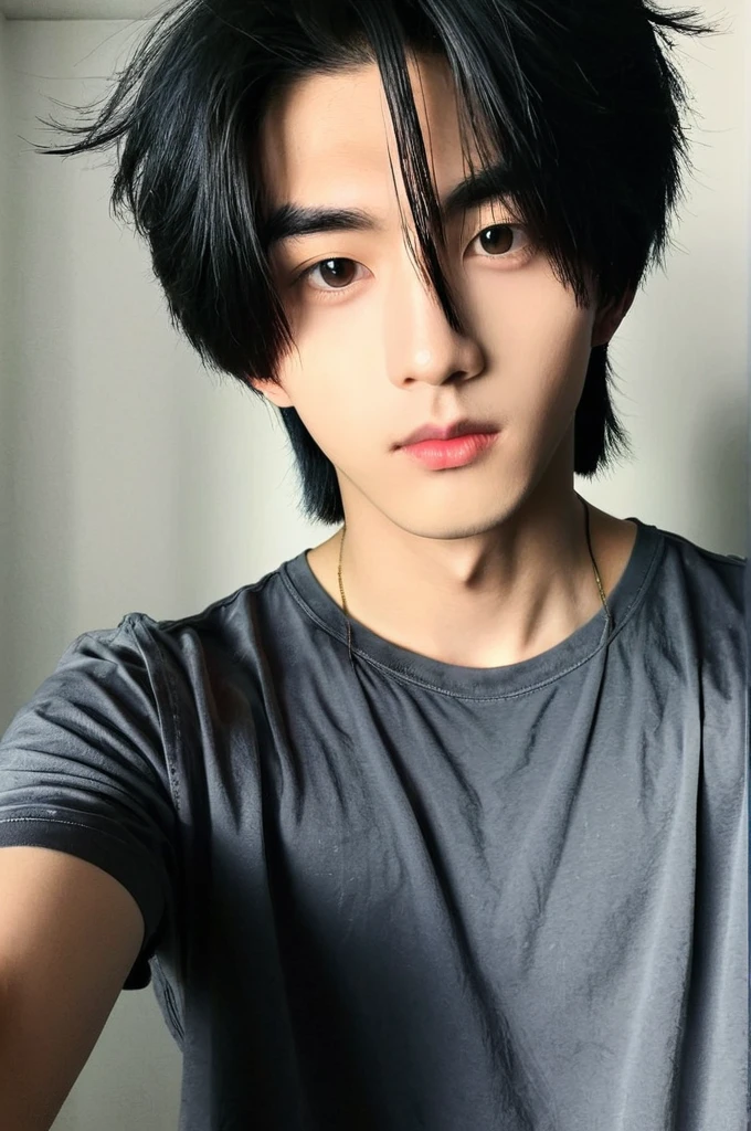 One boy, Young man with black hair ((Mash straight hair)),Male idol style, Medium size portrait, Oval Face, vivid,In a dark room Taking a selfie with your smartphone,(In a dark room)