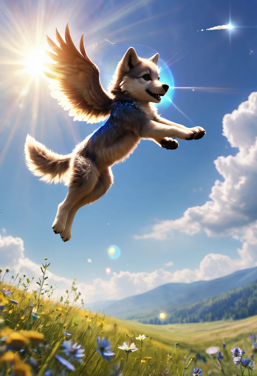 A flying wolf cub soaring through the air in a meadow, is flying very high in the sky, conceptual art, (side view), lens flare, best quality, super detail, highres, HD, 4k, 8k