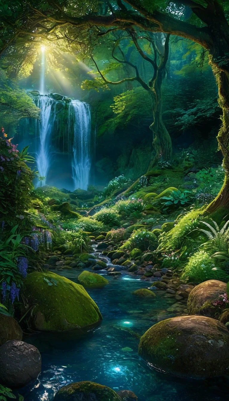 enchanted forest at twilight, ethereal light filtering through ancient towering trees, vividly detailed lush undergrowth, mystical creatures lurking in the shadows, sparkling fairy lights weaving through the foliage, a crystal-clear stream with water so pure it glows, cascading waterfall in the background with magical properties, fantasy wildlife drinking at the water's edge, highly detailed, photorealistic textures on every surface, soft diffused lighting creating a serene atmosphere, high dynamic range, ultra HD 8K resolution, depth of field emphasizing the magical focus points, art by Thomas Kinkade and Roger Dean, immersive, otherworldly beauty captured in cinematic quality,
