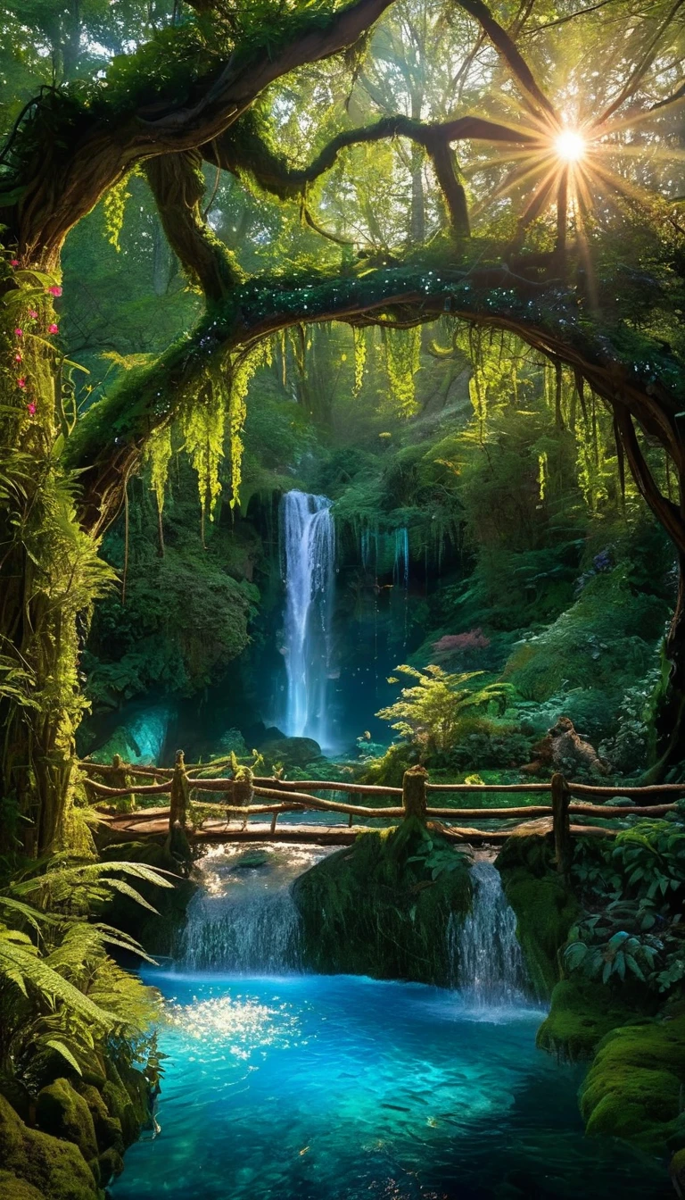 enchanted forest at twilight, ethereal light filtering through ancient towering trees, vividly detailed lush undergrowth, mystical creatures lurking in the shadows, sparkling fairy lights weaving through the foliage, a crystal-clear stream with water so pure it glows, cascading waterfall in the background with magical properties, fantasy wildlife drinking at the water's edge, highly detailed, photorealistic textures on every surface, soft diffused lighting creating a serene atmosphere, high dynamic range, ultra HD 8K resolution, depth of field emphasizing the magical focus points, art by Thomas Kinkade and Roger Dean, immersive, otherworldly beauty captured in cinematic quality,
