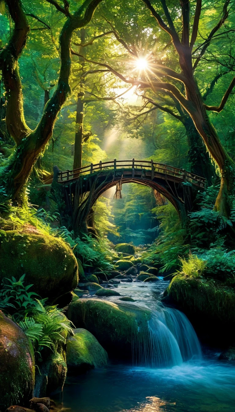 enchanted forest at twilight, ethereal light filtering through ancient towering trees, vividly detailed lush undergrowth, mystical creatures lurking in the shadows, sparkling fairy lights weaving through the foliage, a crystal-clear stream with water so pure it glows, cascading waterfall in the background with magical properties, fantasy wildlife drinking at the water's edge, highly detailed, photorealistic textures on every surface, soft diffused lighting creating a serene atmosphere, high dynamic range, ultra HD 8K resolution, depth of field emphasizing the magical focus points, art by Thomas Kinkade and Roger Dean, immersive, otherworldly beauty captured in cinematic quality,