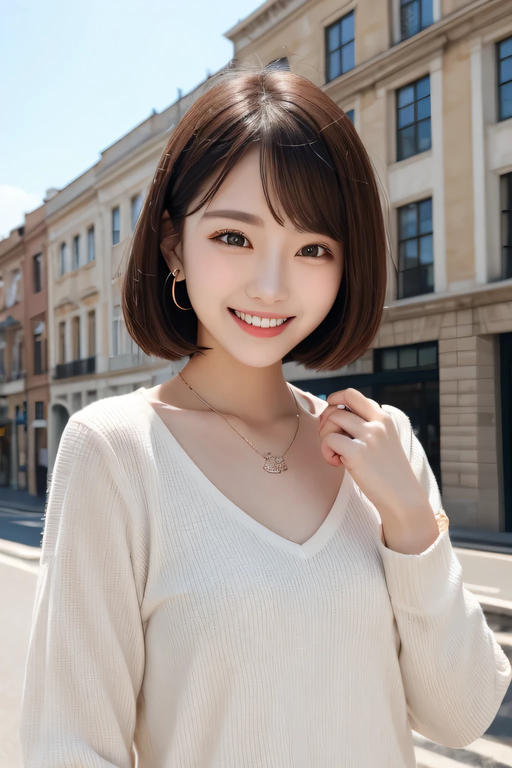 Highest quality, ,smile、Beautiful teeth alignment、Short Haircut、Long sleeve blouse、ear piercing、necklace, , Face Focus、The background is the building&#39;s corridor.
