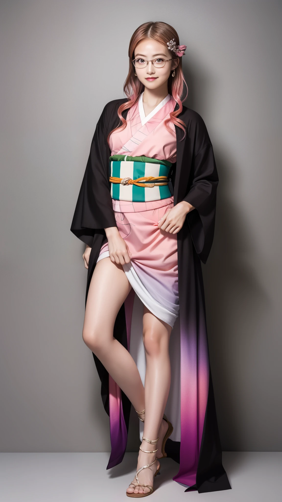 Cute Japanese woman, (16 years old), (Very cute face), White moist skin, Looking at the camera, Melancholy expression, (Glasses: 1.4),
BREAK,
Idol,
BREAK,
(Wearing cute kimono: 1.3), (Highly revealing kimono), Very large earrings, Short length,
BREAK,
(Fighting pose: 1.1),
BREAK,
(Long hair), (Pink hair: 1.4), (Wavy hair), (Gradient hair: 1.3), (Red hair at the ends),
BREAK,
(Realistic: 1.3), Masterpiece, Perfect lighting, (Ultra high resolution), (8K), (Highly detailed: 1.4), (From the front), (Full body: 1.4), (Symmetrical: 1.2), (One shot),
BREAK,
(Shibuya city in Japan: 1.2),
BREAK,
(Demon Slayer: 1.4),
BREAK,
(Imada Mio: 1.4),