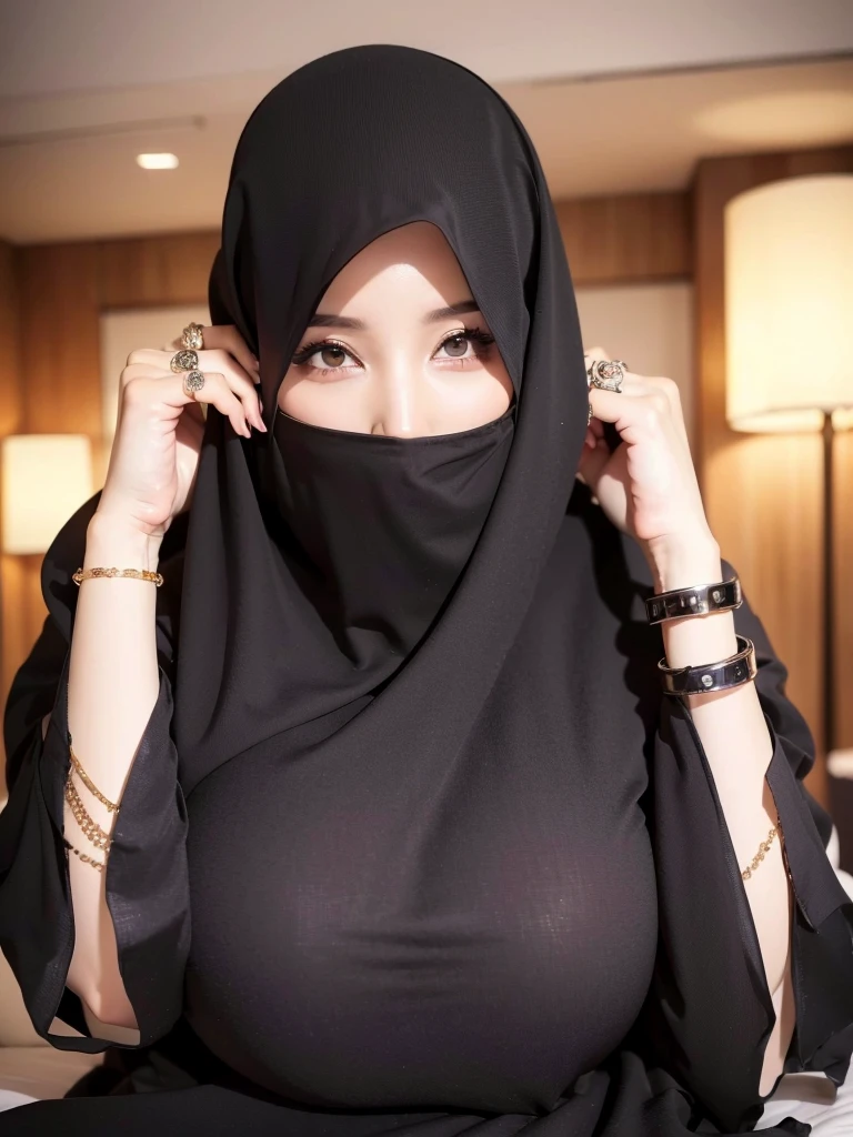 8K, high quality, nice lighting, soft lighting, realistic, dark eyes, sexy, big breasts, thighs, wide hips, arabic dress, black dress, Jewelry, sexy lady, asian, hijab, niqab, sexy pose, showing big thighs, nice body, natural largest breast, wearing rings for woman, office girl, sexy posing,
