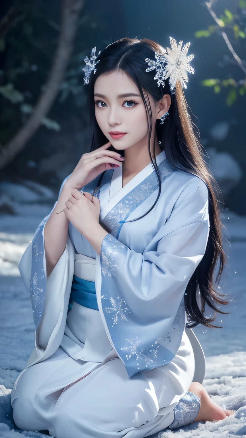 Create an ultra-realistic image of Yasha-hime, a Demon Princess from Japanese folklore, with detailed attention to her appearance. Overall Appearance: Height: Taller than an average human woman, standing with dignity and a commanding presence. Body Type: Slender and well-proportioned, highlighting her elegance and grace. Facial Features: Skin: Porcelain white and smooth, reflecting light to give a shimmering, icy appearance. Eyes: Large and beautiful, with deep blue or green irises that sparkle like a starry sky, captivating those who gaze into them. Eyelashes: Long and thick, enhancing the beauty of her eyes. Eyebrows: Thin and refined, giving her face a noble expression. Hair: Long black hair that flows down to her waist, silky and smooth, shimmering beautifully when it catches the light. Occasionally, the tips of her hair are adorned with small ice crystals. Lips: Thin and blue-white, with a frosty sheen. Her smile emits a cold light, adding an enigmatic charm. Clothing: Kimono: A luxurious kimono in cool colors such as white, pale blue, and purple, often with gold and silver embroidery. The hem of the kimono is long and trails on the ground, moving gracefully with her. Obi: Intricately designed, often decorated with ice or snowflake motifs. Hands and Fingers: Hands: Slender and long, with sharp, transparent nails resembling ice claws. Her fingers emit a cold aura, capable of freezing anything they touch. Feet: Feet: Rarely seen, but wherever she steps, icy footprints are left behind, with cold mist rising from her feet, lowering the surrounding temperature. Distinctive Elements: Ice Aura: An aura of cold surrounds her, freezing the air around her. Ice crystals and cold mist constantly drift around her. Hair Crystals: The tips of her hair have small ice crystals that reflect light and sparkle.