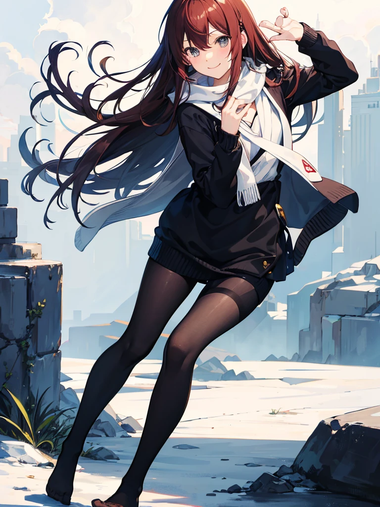 To Kurisu Makise, looks at the camera, black tights, barefoot, blue sweater, smiling, covers his mouth with his hand