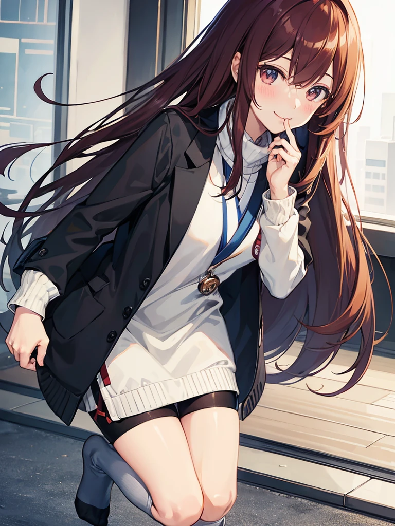 To Kurisu Makise, looks at the camera, black tights, barefoot, blue sweater, smiling, covers his mouth with his hand