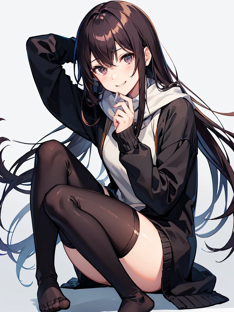 To Kurisu Makise, looks at the camera, black tights, barefoot, blue sweater, smiling, covers his mouth with his hand