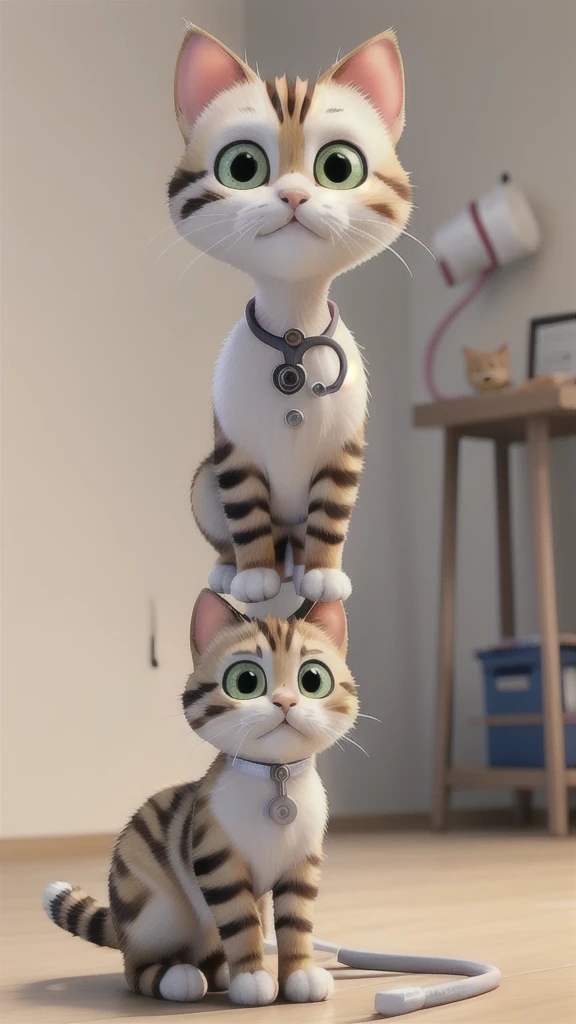 cat,A cute tabby kitten dressed as a nurse, wearing a white nurse outfit with a stethoscope around its neck, looking directly at the camera with a soft background