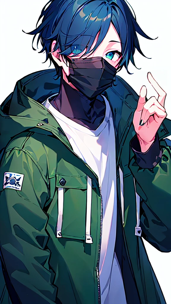 [(WHITE BACKGROUND:1.5),::5], ((((masterpiece)))), high quality, ultra very high resolution, full color, (((solo))), ((younger boy)), dark Blue hair, ((hair covering one eye)), (green detailed eyes), anime, ((upper body)), gray parka, put on a parka food, (Black mask)