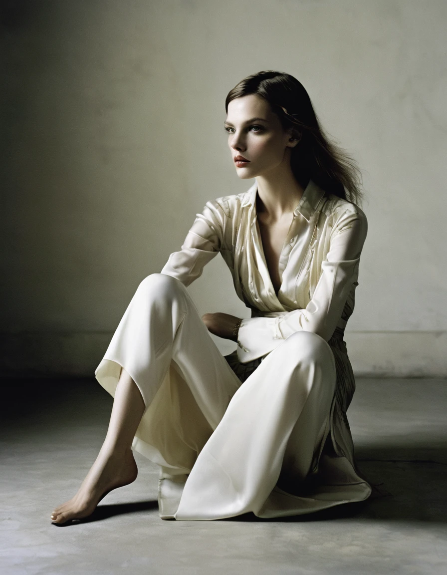 agraffe sitting on the floor with her legs crossed and her hand on her knees, in the style of paolo roversi, by Marie Vassilieff, Vogue Italy, photo from Vogue magazine, by Emma Andijewska, by Marie Bashkirtseff, vogue magazine editorial, by Silvia Pelissero, inspired by Marie Bashkirtseff
