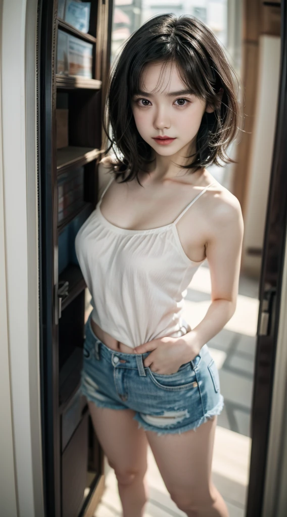 ((Highly detailed CG unit 8K wallpaper, masterpiece, High resolution, Highest quality)), (((Beautiful woman with dark hair, Model-like posture, Street fashion, Wearing a white camisole:1.2, Wearing denim micro mini shorts:1.2)), ((Highly detailed face, Highly detailed black eyes, Highly detailed body, Highest qualityのリアルテクスチャスキン)), (Short Bob Cut Hair, White skin:1.2, Exposed abdomen), (Brightly painted walls), (High Angle, Fisheye Lens:1.3), Surreal, Digital Painting,Alley
