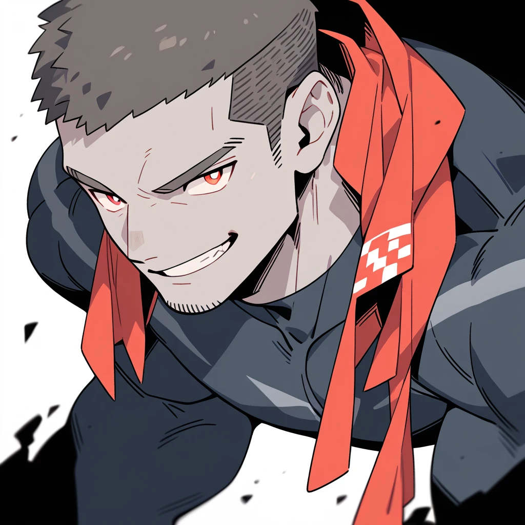 anime characters：Priapus, Dark Grey Skin Muscle Sports Student, Buzz Cut, Manliness, male focus, Sports tight hooded sweatshirt, Under Armour ，Wear a high-necked tights underneath, Very tight, full and perky chest muscles, muscular male, muscular, only, Upper body, alone, Red short hair, Thick eyebrows, stubble, Brown-red pupils, White background, simple background, amazing quality, best aesthetics, Ridiculous, crew cut, smirk, bright pupils, grin, negative space, negative space, best quality