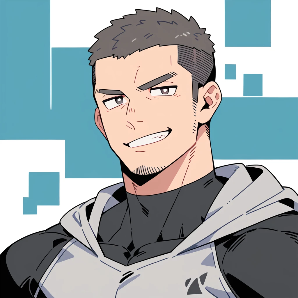 anime characters:Priapus, Dark Grey Skin Muscle Sports Student, Buzz Cut, Manliness, male focus, Sports tight hooded sweatshirt, Under Armour ,Wear a high-necked tights underneath, Very tight, full and perky chest muscles, muscular male, muscular, only, Upper body, alone, Red short hair, Thick eyebrows, stubble, Brown-red pupils, White background, simple background, amazing quality, best aesthetics, Ridiculous, crew cut, smirk, bright pupils, grin, negative space, negative space, best quality