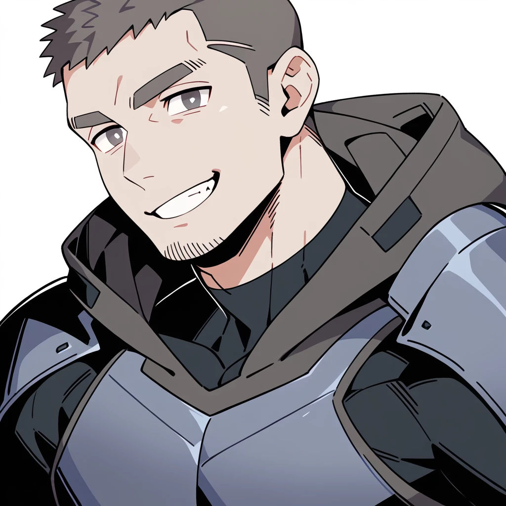 anime characters：Priapus, Dark Grey Skin Muscle Sports Student, Buzz Cut, Manliness, male focus, Sports tight hooded sweatshirt, Under Armour ，Wear a high-necked tights underneath, Very tight, full and perky chest muscles, muscular male, muscular, only, Upper body, alone, Red short hair, Thick eyebrows, stubble, Brown-red pupils, White background, simple background, amazing quality, best aesthetics, Ridiculous, crew cut, smirk, bright pupils, grin, negative space, negative space, best quality