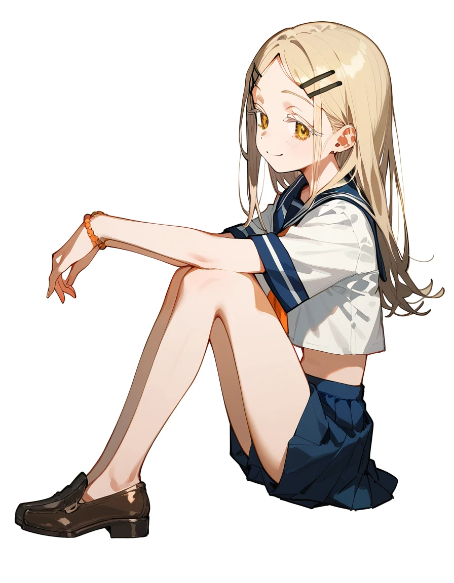 Highest quality, masterpiece, No correction, Beark 1 dhibi girl,shinosawa hiro,thin,Orange eyes,White eyelashes,Blonde,Long Hair,Hair Clip,cros hair clip,flat chest,white background,serafuku,smile,full body,from side,