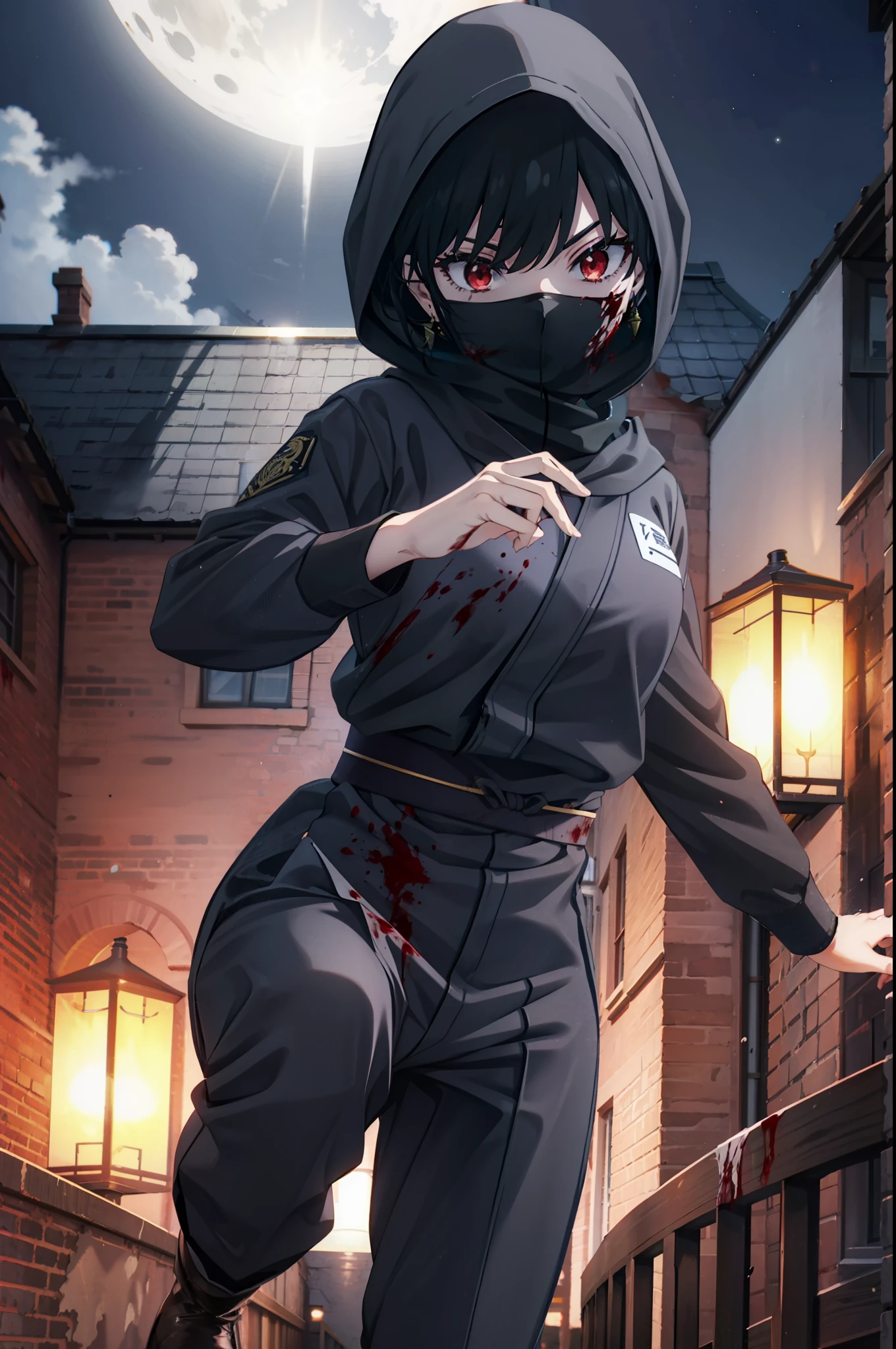 Yorbraia, Yor Briar, Black Hair, (Red eyes:1.5), Earrings, gold hair band, hair band, Long Hair, Side Lock, (Medium chest:1.2), Shadowed face,Hooded,Cover your mouth with a black scarf,strict,black Ninja uniform,Ninja,black Ninja pants,short boots,Action pose,Overlooking the city from the roof of the building,moon,moon明かり,night,moon光,whole bodyがイラストに入るように,Psychopath horror、Bloody、blood droplets,murder scene, Serial killer, Covered in blood break looking at viewer, whole body, break outdoors ,Medieval European-style building, break (masterpiece:1.2), Highest quality, High resolution, unity 8k wallpaper, (shape:0.8), (Beautiful and beautiful eyes:1.6), Highly detailed face, Perfect lighting, Extremely detailed CG, (Perfect hands, Perfect Anatomy),
