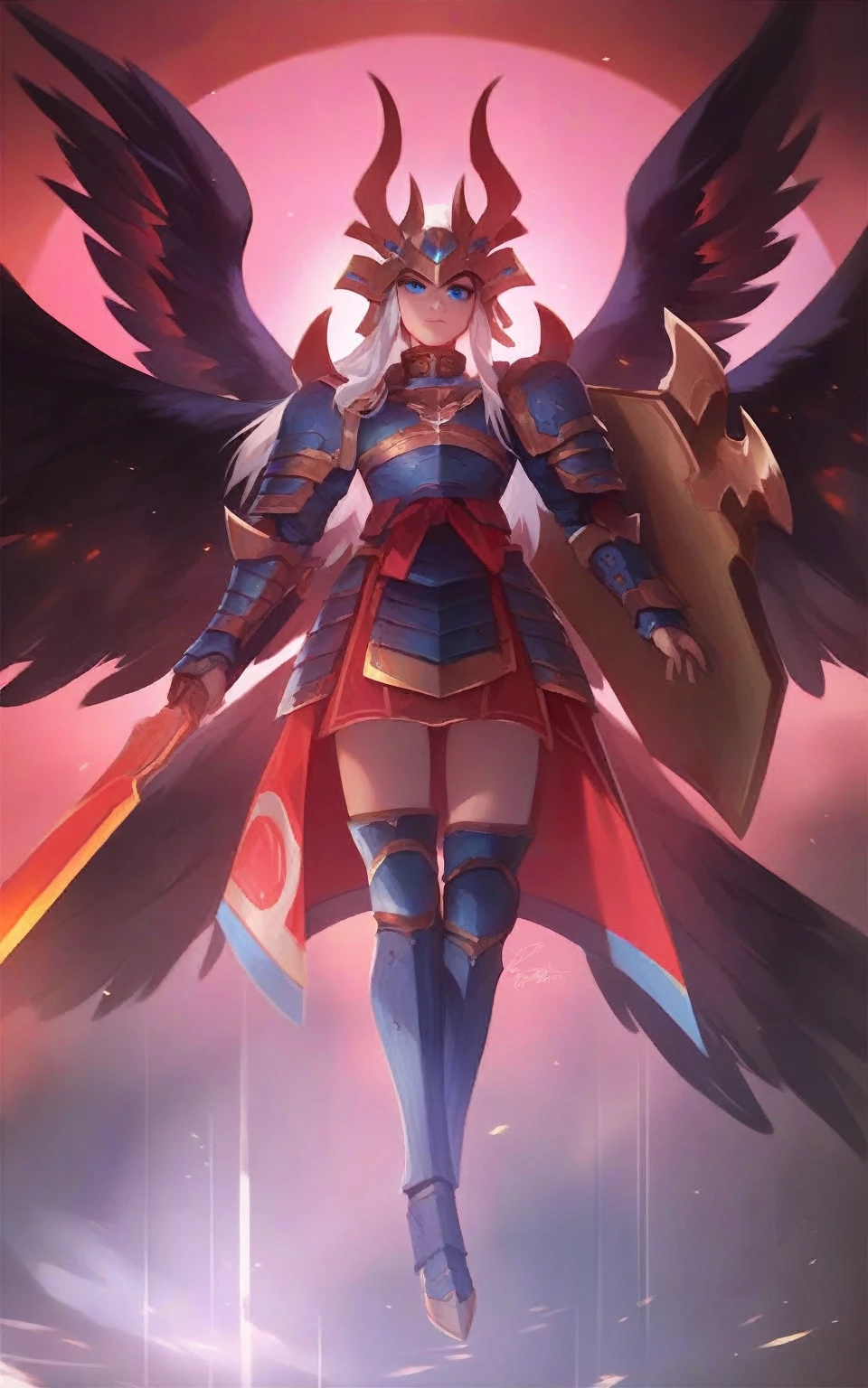 score_9, score_8_up, score_7_up, score_6_up, score_5_up, score_4_up,1girl, armor, weapon, wings, solo, shoulder armor, blue eyes, pauldrons, white hair, looking at viewer, power armor