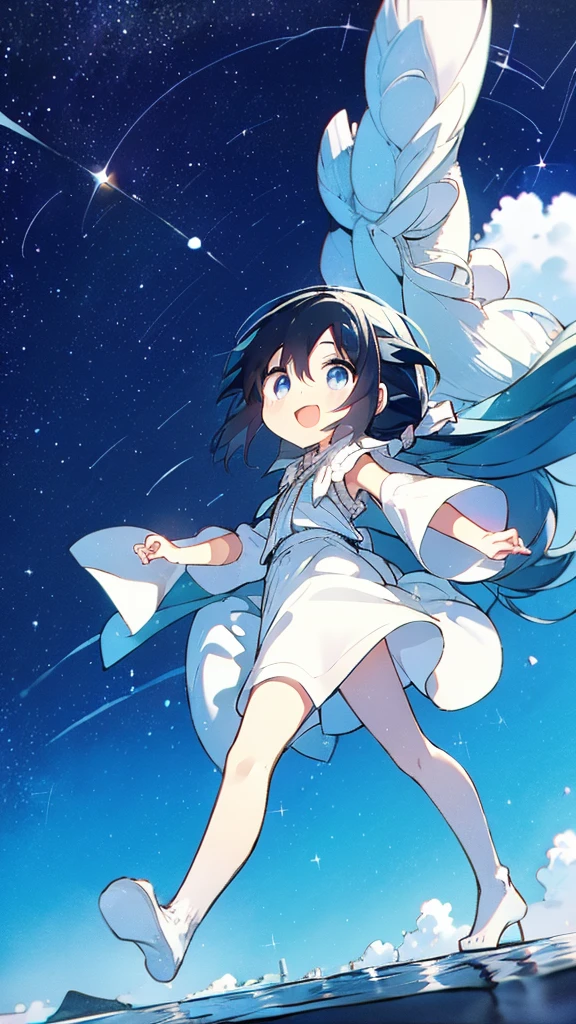 Fuji Mountain,Walking down the street,Girl,Black Hair,milky way,Twinkling Stars々,Beautiful sky,splash,Long Hair,Long legs,Blue Background,Ocean,Clear eyes and nose,cute,beautiful
