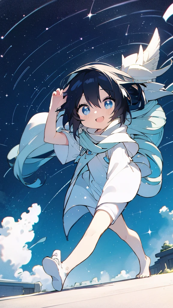 Fuji Mountain,Walking down the street,Girl,Black Hair,milky way,Twinkling Stars々,Beautiful sky,splash,Long Hair,Long legs,Blue Background,Ocean,Clear eyes and nose,cute,beautiful