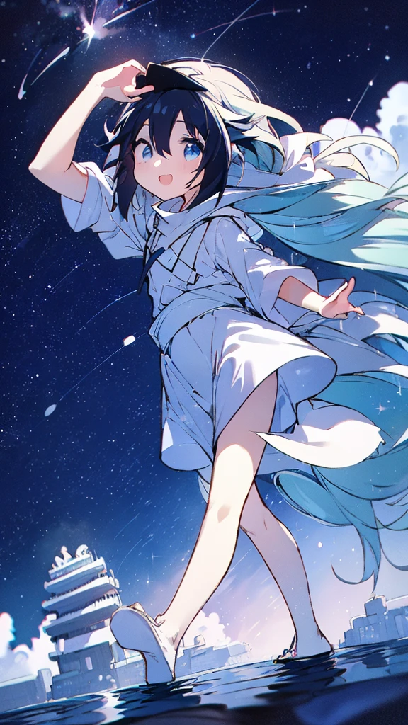Fuji Mountain,Walking down the street,Girl,Black Hair,milky way,Twinkling Stars々,Beautiful sky,splash,Long Hair,Long legs,Blue Background,Ocean,Clear eyes and nose,cute,beautiful