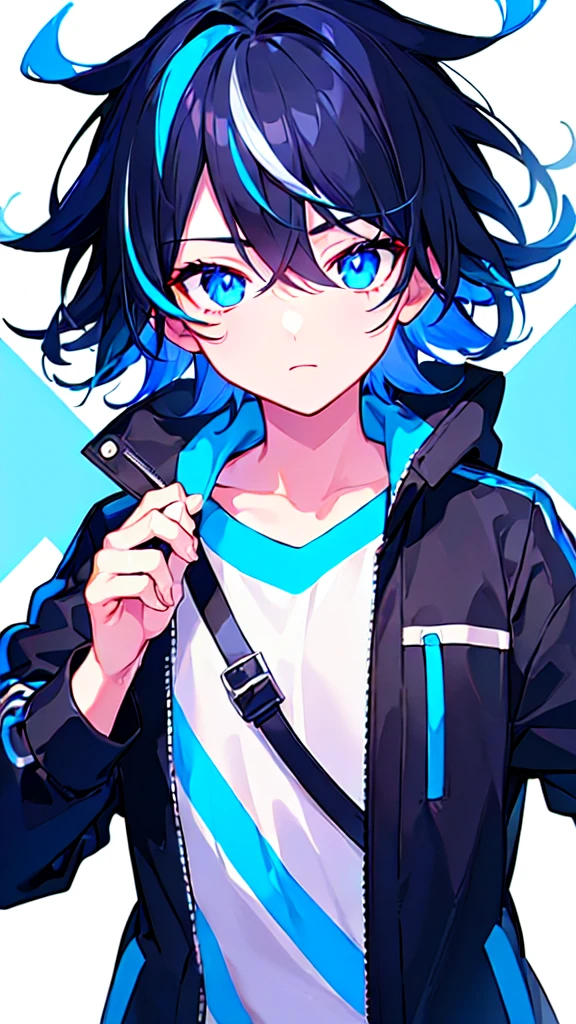[(WHITE BACKGROUND:1.5),::5], ((((masterpiece)))), high quality, ultra very high resolution, full color, (((solo))), ((little boy)), BLACK hair, ((Blue streaked hair)), (oriental deepblue eyes), anime, ((upper body)), Summer clothes, neon light, black parka,
