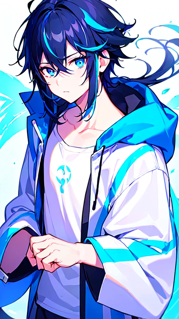 [(WHITE BACKGROUND:1.5),::5], ((((masterpiece)))), high quality, ultra very high resolution, full color, (((solo))), ((little boy)), BLACK hair, ((Blue streaked hair)), (oriental deepblue eyes), anime, ((upper body)), Summer clothes, neon light, black parka,