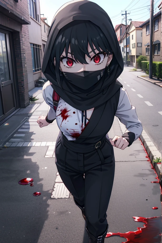 Yorbraia, Yor Briar, Black Hair, (Red eyes:1.5), Earrings, gold hair band, hair band, Long Hair, Side Lock, (Medium chest:1.2), Shadowed face,Hooded,Cover your mouth with a black scarf,strict,black Ninja uniform,Ninja,black Ninja pants,short boots,Action pose,Overlooking the city from the roof of the building,moon,moon明かり,night,moon光,whole bodyがイラストに入るように,Psychopath horror、Bloody、blood droplets,murder scene, Serial killer, Covered in blood break looking at viewer, whole body, break outdoors ,Medieval European-style building, break (masterpiece:1.2), Highest quality, High resolution, unity 8k wallpaper, (shape:0.8), (Beautiful and beautiful eyes:1.6), Highly detailed face, Perfect lighting, Extremely detailed CG, (Perfect hands, Perfect Anatomy),