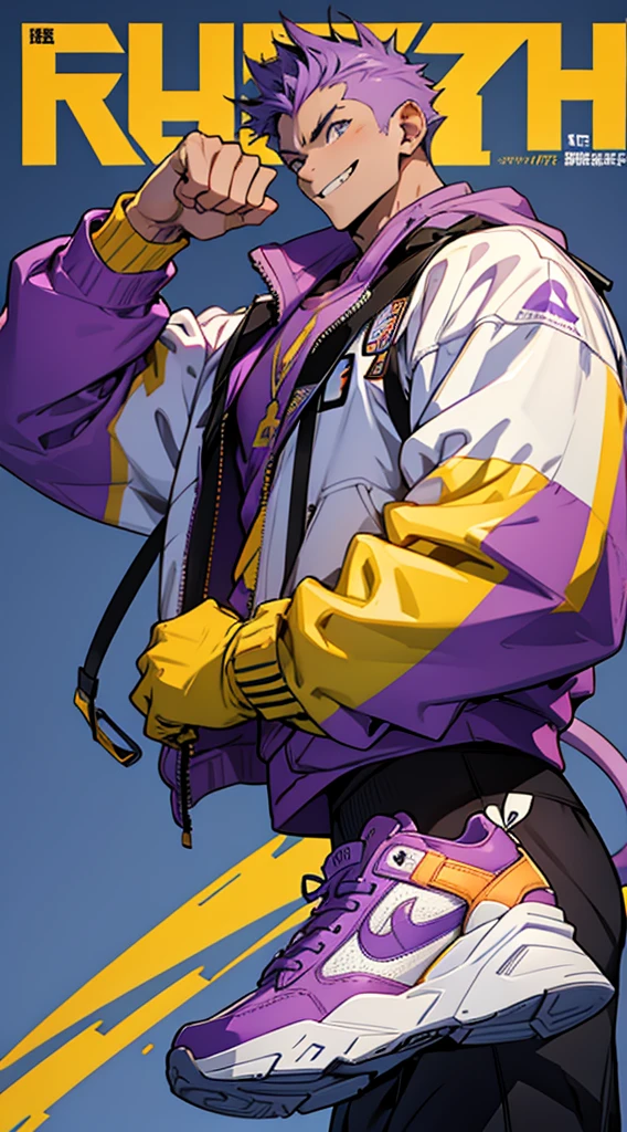 Magazine Cover, Punching pose, Big machine hands, whole body, Jump up, A light purple monkey-themed character, サイバーパンク, Wearing big sneakers, skin fang, Simple Background, boy, ショートカット, crazy eyes, tsurime, grin, raised fist, projected inset, UHD, best quality, highres, 8k