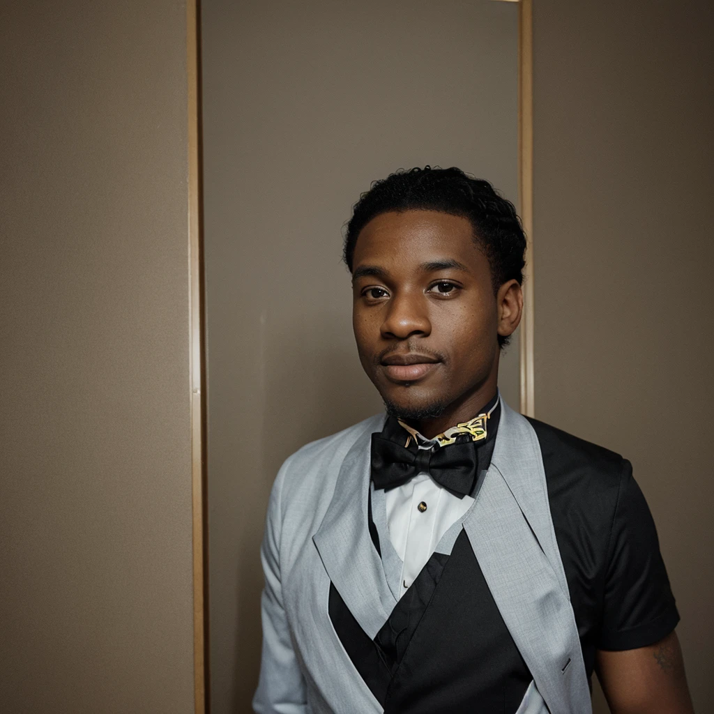 A photo of a 30 year old black man wearing a tuxedo Yearbook photo style