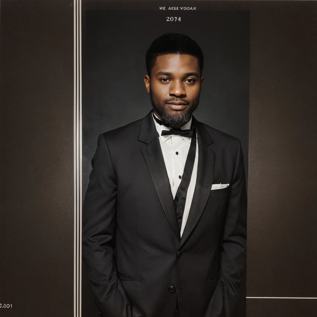 A photo of a 30 year old black man wearing a tuxedo Yearbook photo style