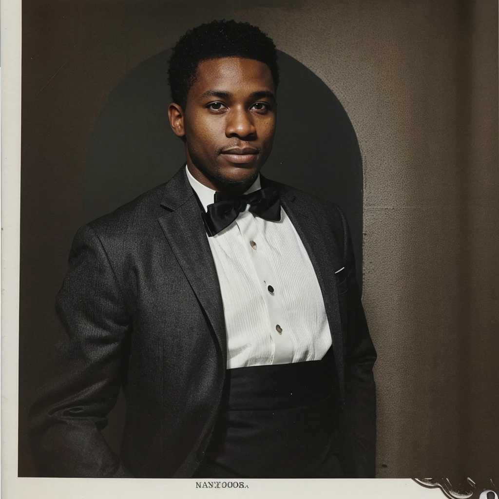A photo of a 30 year old black man wearing a tuxedo Yearbook photo style