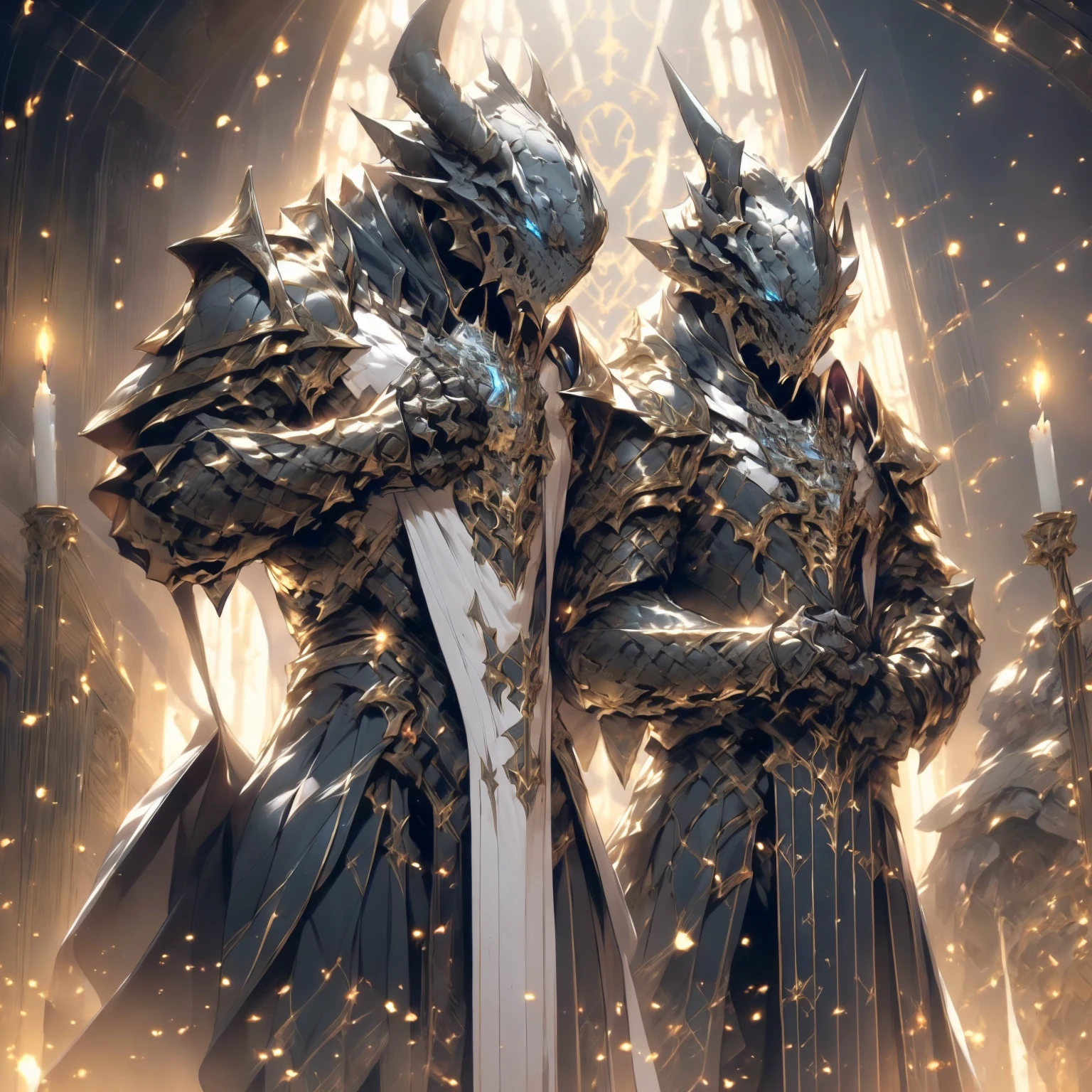 (black dragonborn, male, golden horns, solo portrait, stoic pose, holding a book, black scales, scales, reptilian face, blue eyes) tail, buff, black and silver armor, black and silver chest armor, black and silver gauntlets, black and silver pauldrons, dark blue cloak, dark blue robes, inside, close-up, standing inside, good lighting, candles in back ground, in temple ((masterpiece, best quality)), art by greg rutkowski