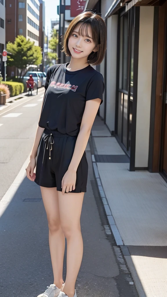 One girl, Short sleeve t-shirt, short hair, 20-year-old Japanese, beautiful, cute face, pretty face, neat, smiling, 8-head body, height 165cm, weight 48kg, bust 83cm, waist 60cm, hips 82cm, Small breathts, Living in Hiroshima City, A college student aspiring to become a model, (((full body))), full face