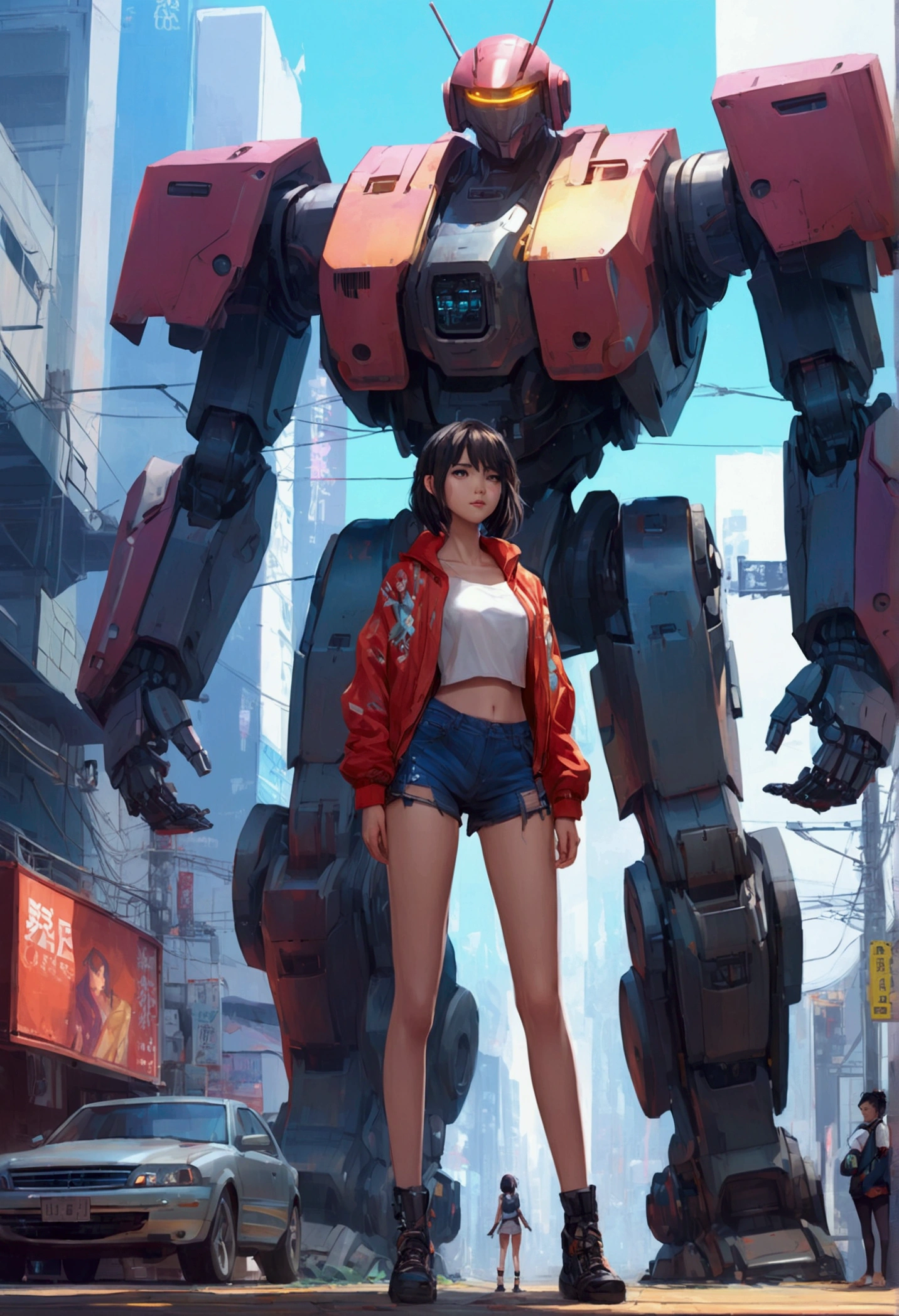 anime girl in short shorts and jacket standing next to giant robot, artwork in the style of guweiz, cyberpunk anime girl mech, trending on cgstation, guweiz, by Russell Dongjun Lu, digital cyberpunk anime art, ross tran 8 k, guweiz on artstation pixiv, girl in mecha cyber armor