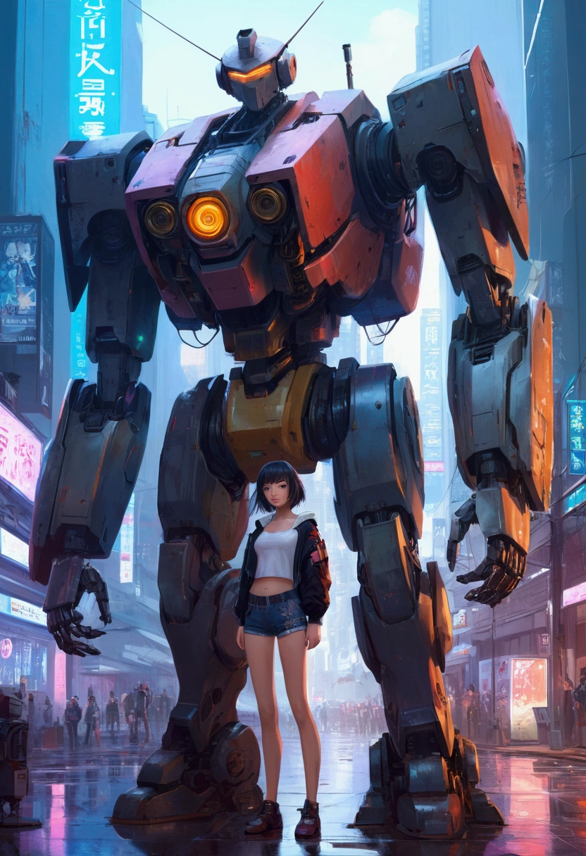 anime girl in short shorts and jacket standing next to giant robot, artwork in the style of guweiz, cyberpunk anime girl mech, trending on cgstation, guweiz, by Russell Dongjun Lu, digital cyberpunk anime art, ross tran 8 k, guweiz on artstation pixiv, girl in mecha cyber armor