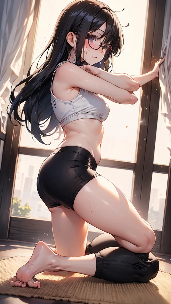summer、Yoga Classes、thick、Sweat、Fitness、Low length、(((((Eyes hidden by long bangs)))))、(((Long black hair:1.2 hair band)))(((Black-rimmed glasses:1.2 black eye)))、Backlight、evening、Nostalgic atmosphere、Look at this、High position、Full Body Shot、glamorous、Yoga Wear、barefoot、(Yoga Mat)、avert your eyes、Plump thighs、(((Front view))), Beautiful details, 16K, Absurd, masterpiece, Very detailed, beautiful girl, Bend your knees、Thick thighs、glamorous、sexy、Sweatだく、Sweatで濡れた髪、Sweatで濡れたウェア、stretch