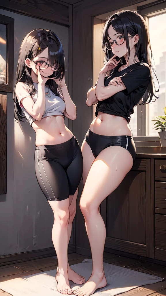 2girls,adult,lineup,side by side,black hair,light eyes,(leg,up:1.3),cowboy shot,masterpiece,best quality,very aesthetic,absurdres ,(Lace panties:1.2),(standing),leg split