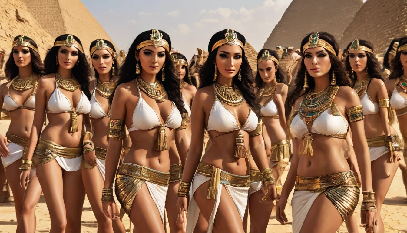 8k, top quality, finish: 1.2), (realistic, photo-realistic: 1.37), highly detailed, (1000 girls), This realistic image shows a large group of sexy Egyptian women, wearing typical Egyptian bikinis, walking in the middle of the Egyptian pyramids. The women in the picture are fair-skinned and appear to have different ages and slim body shapes. wearing typical Egyptian women's headbands The atmosphere of this picture looks like a parade or a special event involving many female participants. everyone looks , breasts, beautiful eye details, (bikini: 1.1), ((sexy)), curvy body, (full body), sitting, sexy,